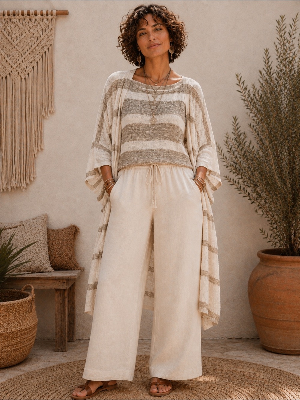 H241 NWT POL Set of 2 L ptp31-32 Striped Linen Top & Open Matching Kimono Jacket